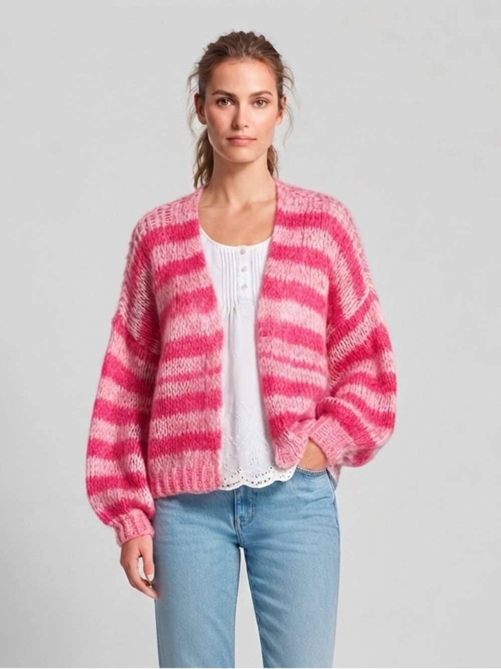 Reserved Women's Pink White Striped Open Front Chunky Knit Cardigan Size S